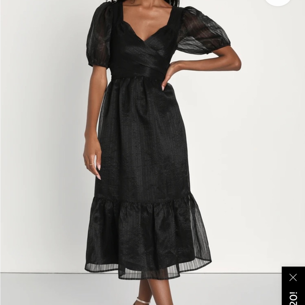 Lulu's Celebratory Moment Black Surplice Puff Sleeve Midi Dress
